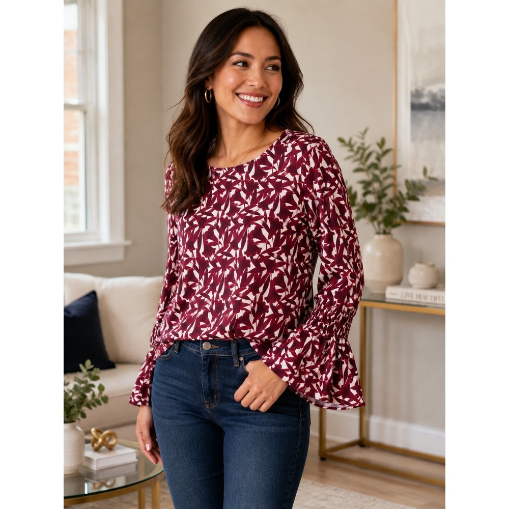 Ann Taylor Womens Small Burgundy Floral Bell Sleeve Blouse Stretch Career Casual